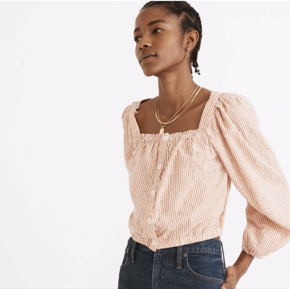 Madewell | Puff-Sleeve Crop Top Embroidered Stripe Orange White Large - Picture 4 of 15